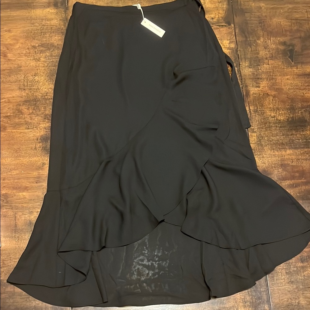 Max Studio Black Midi Semi-Sheer Wrap Skirt